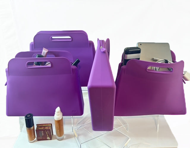 IMAGES OF 4 XL (SUPREME)  IBIG SILICONE MAKEUP BAGS IN PURPLE,ARRANGED TO SHOW THE DIFFERENT SIDES, makeup bags / toiletry bags / toiletry / toiletries / make up / make up case /Travel makeup bag / travelbag / travel bags for women / toiletry travel bag / travelbags / cosmetic bags/beauty bag/ makeup / makeup organizer